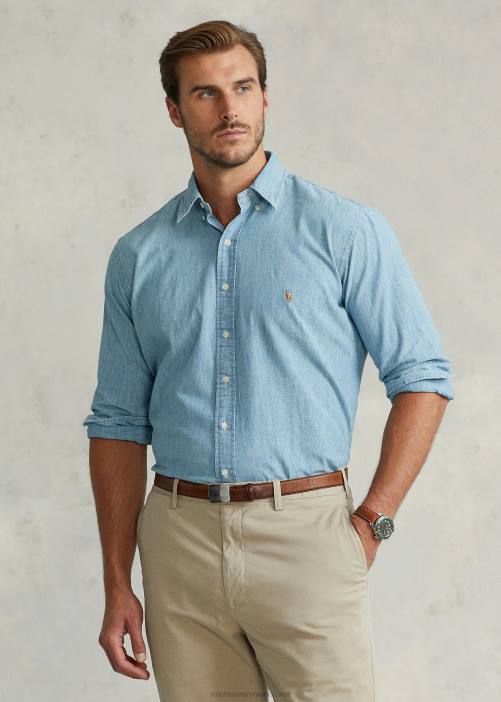 camisa de cambray 02RH1870 hombres Ralph Lauren índigo claro